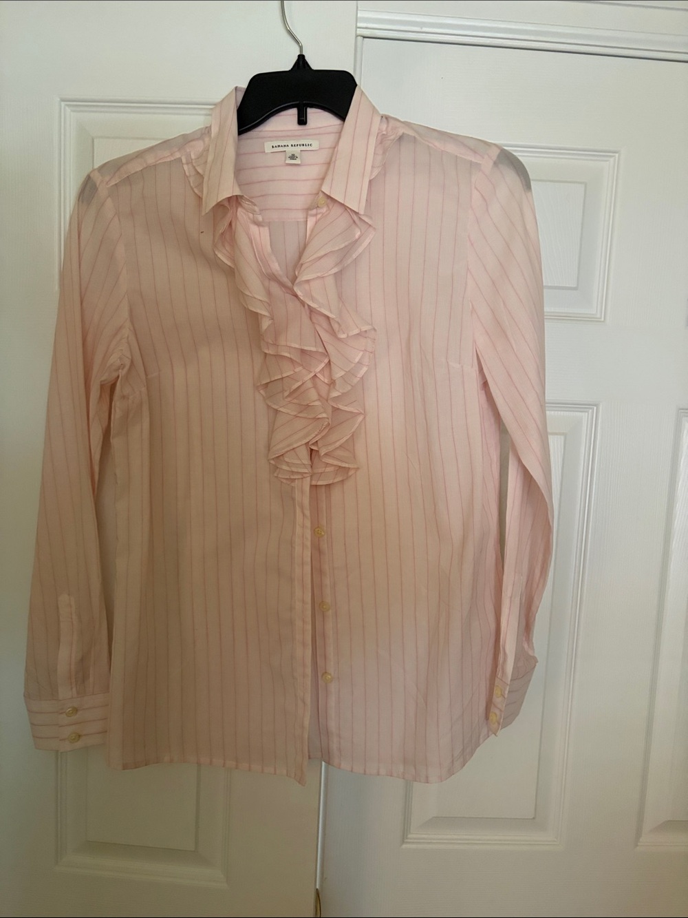 Banana Republic Light Pink Striped Ruffle Front Button-Down Shirt
